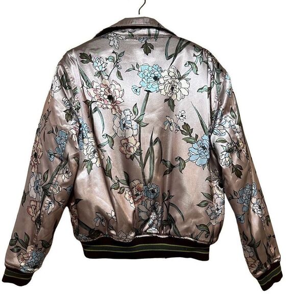 Urban Outfitters Floral Satin Brocade Bomber Jacket Sm Faux Fur Mauve - Picture 3 of 9